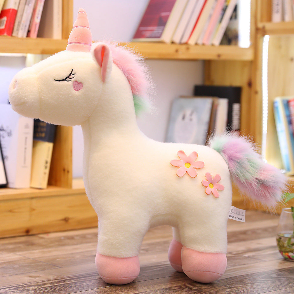 Peluche Licorne Blanche Fleurie aux Crinières Arc-en-Ciel