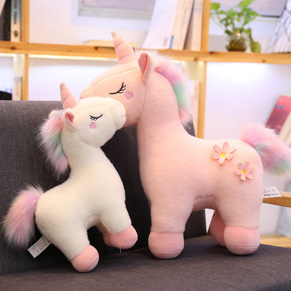 Peluche Licorne Blanche Fleurie aux Crinières Arc-en-Ciel