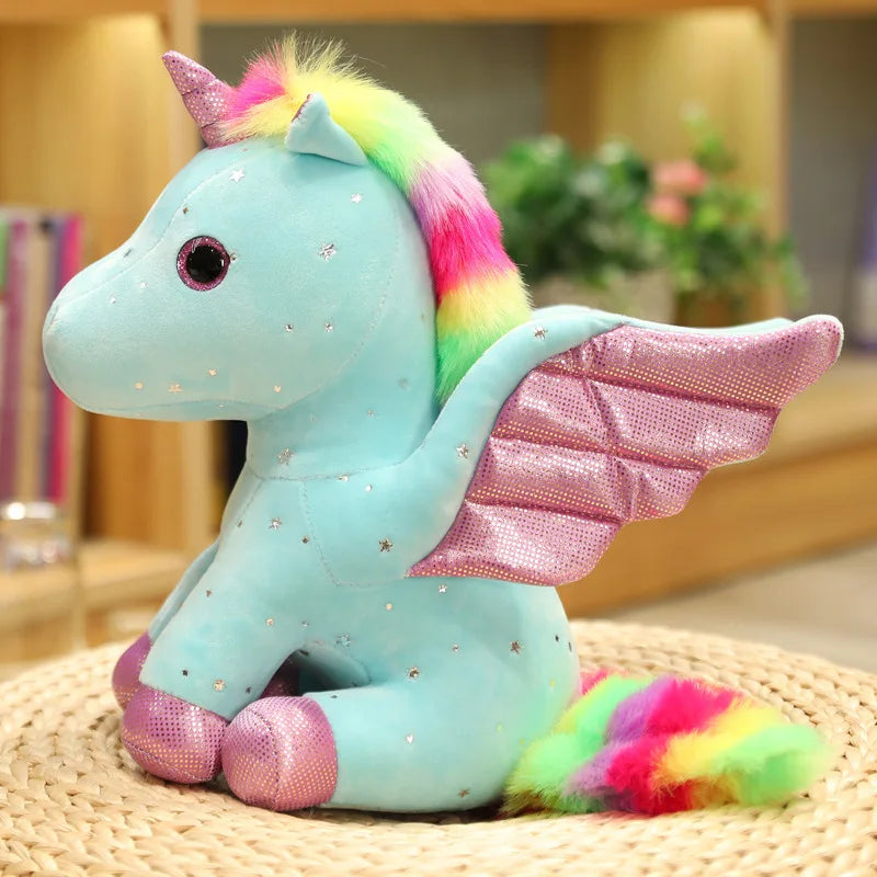 Peluche Licorne Bleue à Crinière Arc-en-Ciel Magique