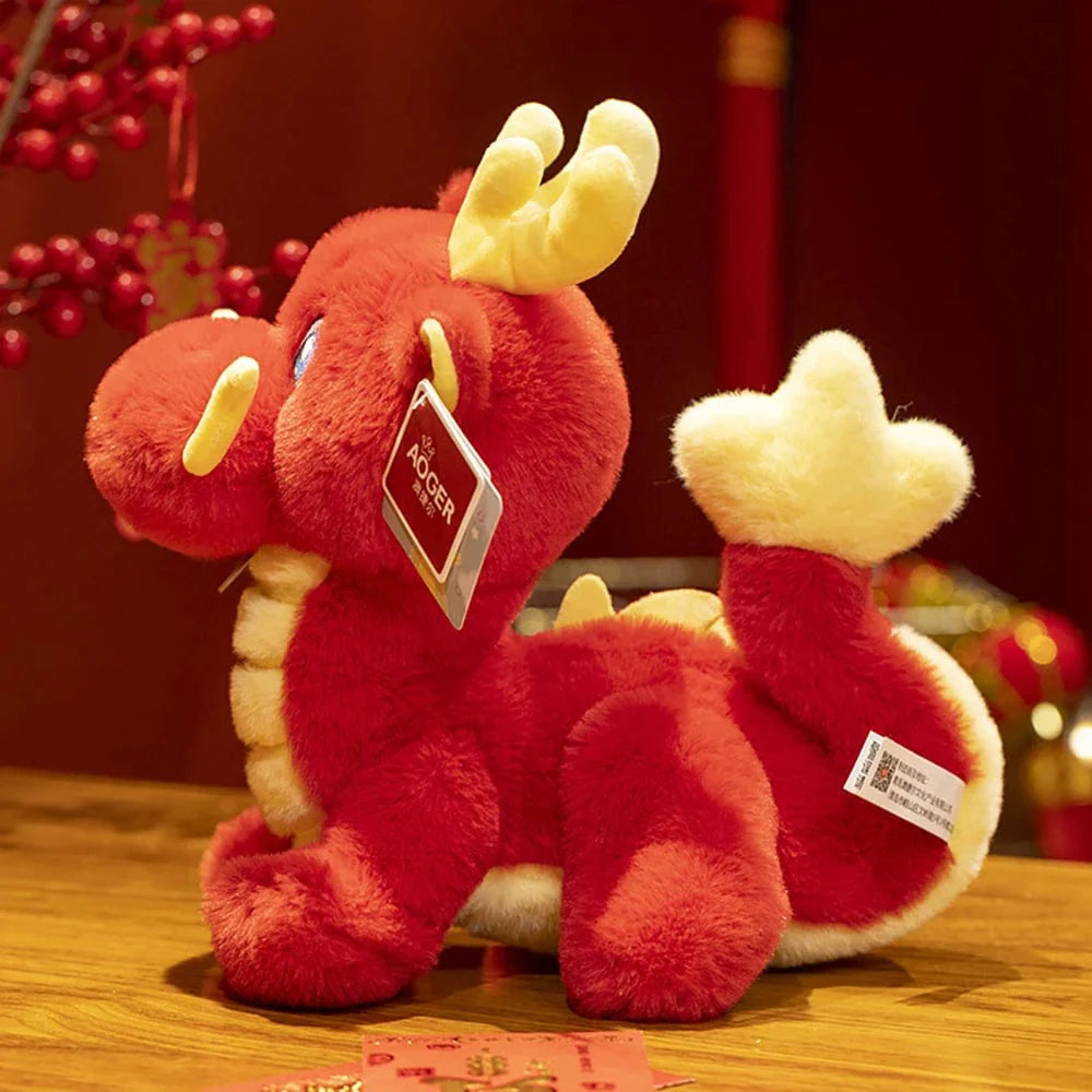Peluche Dragon Chinois Rouge à Cornes