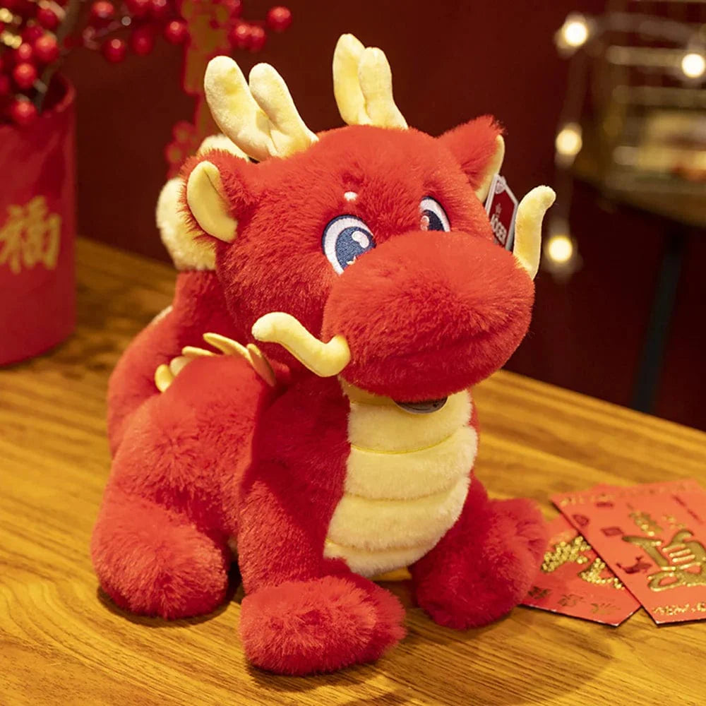 Peluche Dragon Chinois Rouge à Cornes
