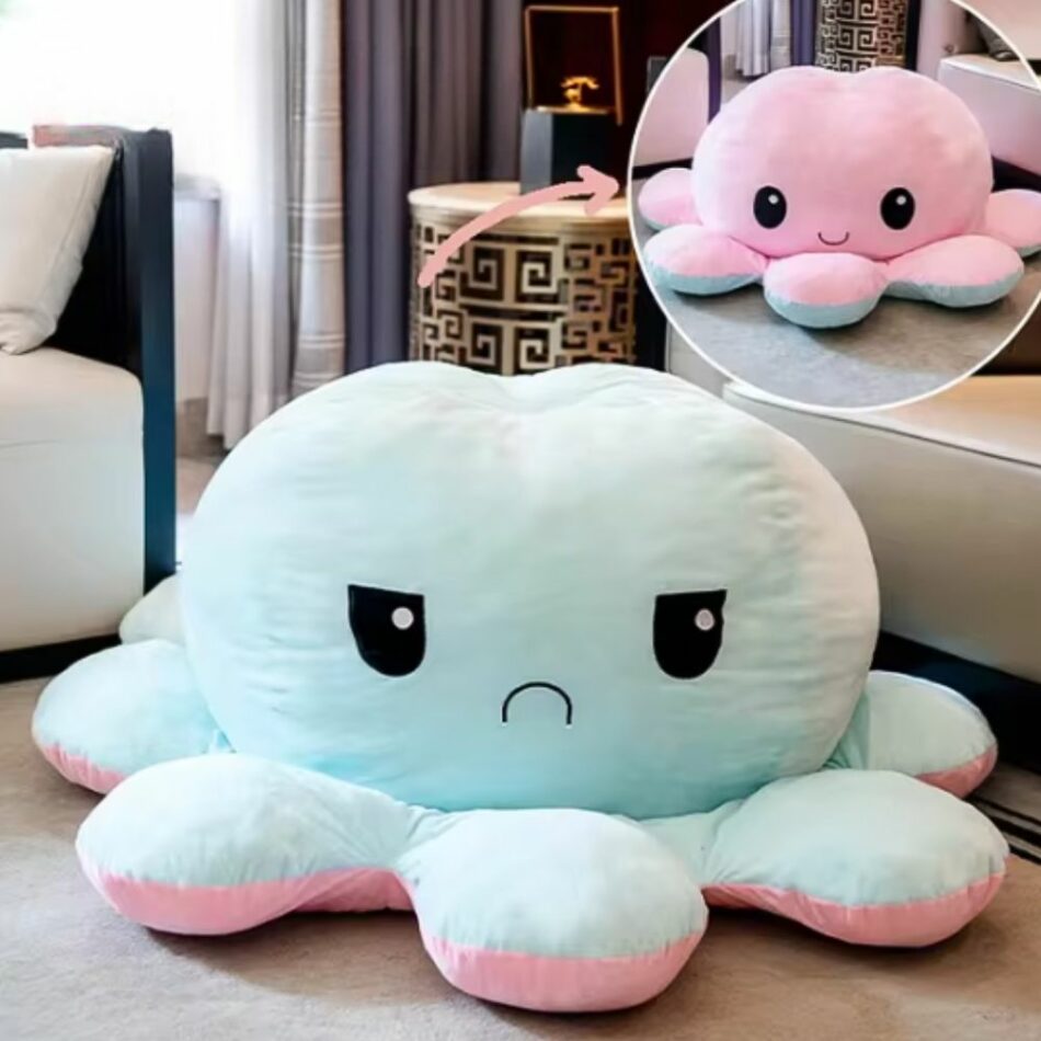 Peluche pieuvre géante réversible, humeur joyeuse/triste