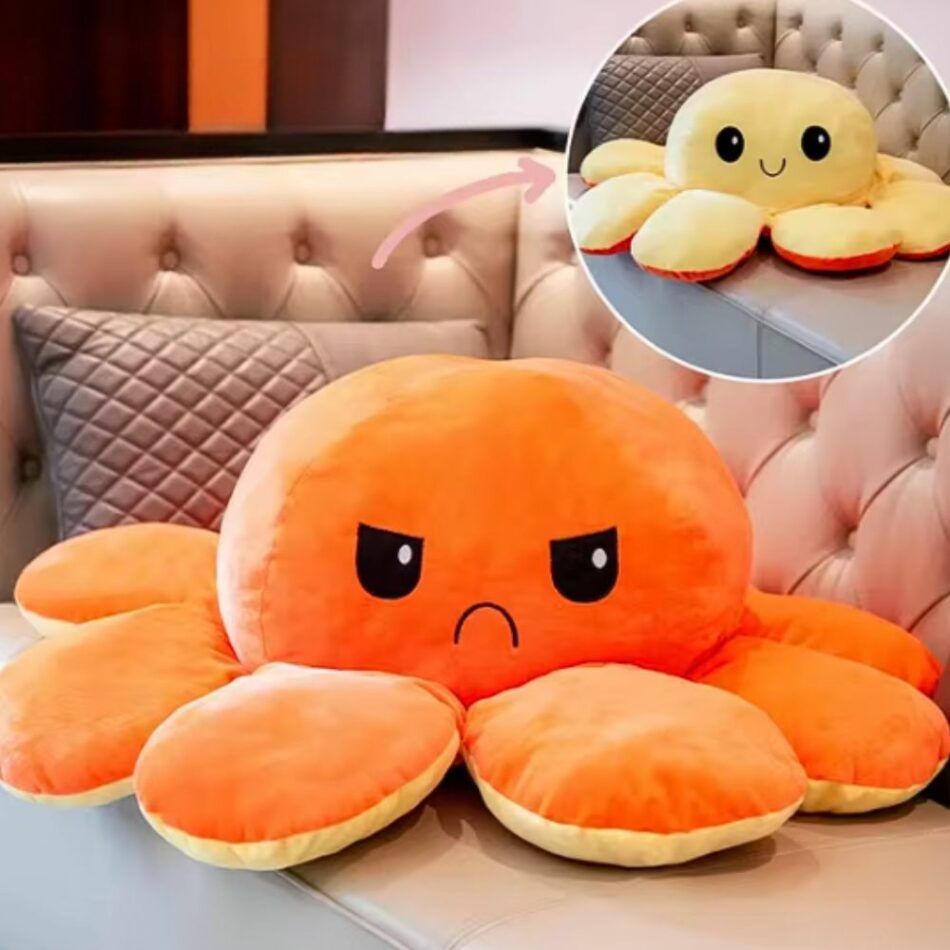 Peluche pieuvre géante réversible, humeur joyeuse/triste
