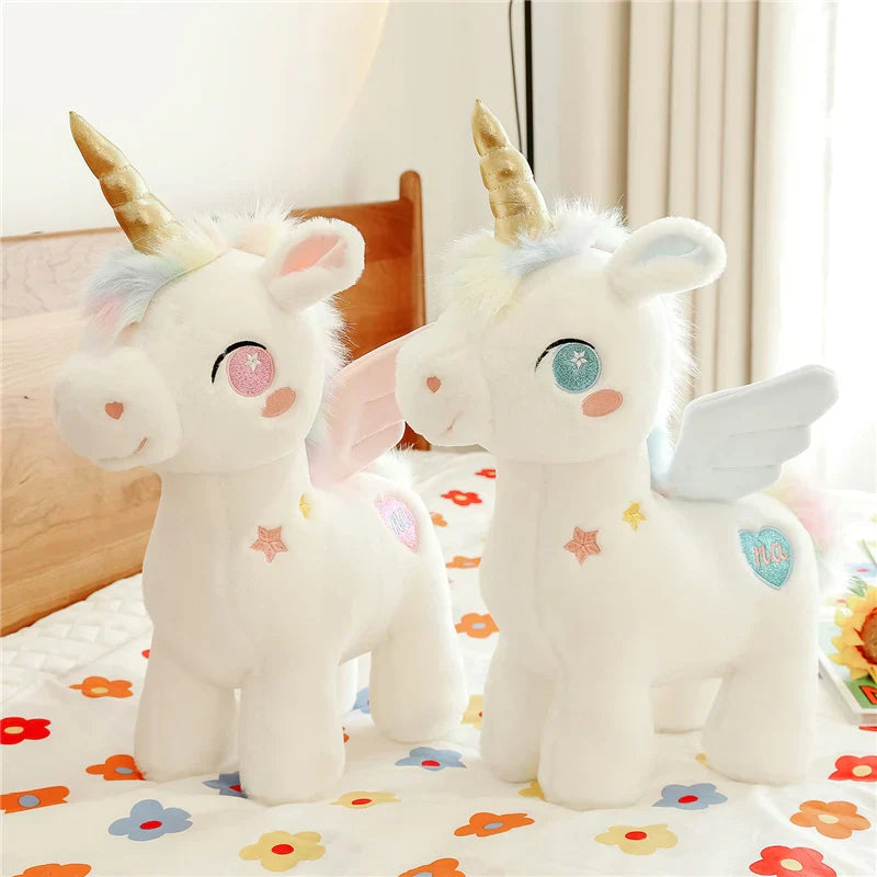 Peluche Licorne Blanche Étoilée avec Ailes et Corne Dorée 