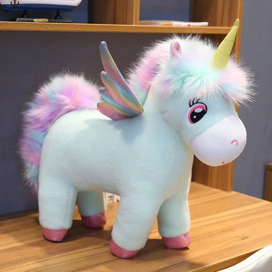 Peluche Licorne Arc-en-ciel Bleu Brillant avec Ailes et Corne Dorée