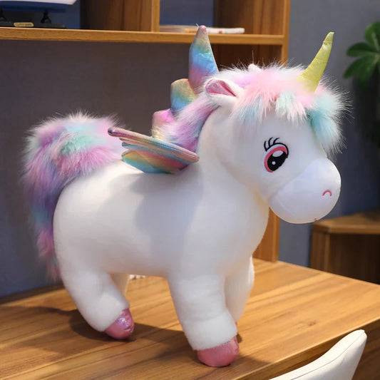 Peluche Licorne Arc-en-ciel Blanche avec Ailes Dorées