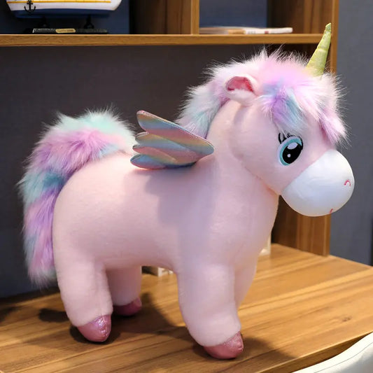 Peluche licorne arc-en-ciel rose avec ailes dorées et corne dorée