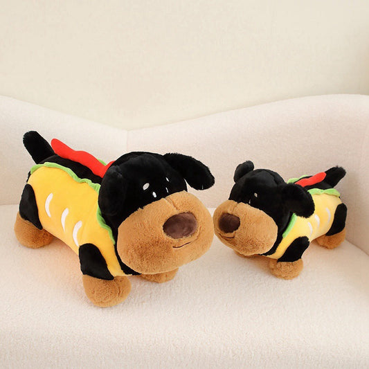 Peluche Chien Saucisse Noire Hot Dog.