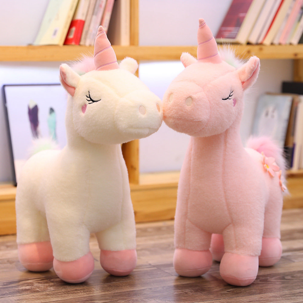 Peluche Licorne Blanche Fleurie aux Crinières Arc-en-Ciel