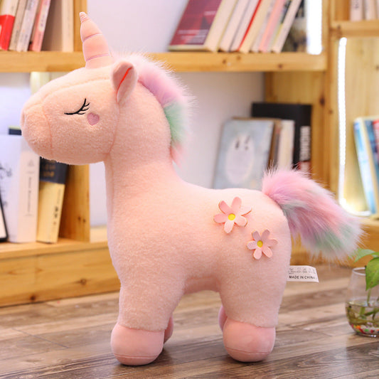 Peluche Licorne Blanche Fleurie aux Crinières Arc-en-Ciel