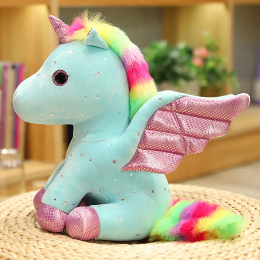 Peluche Licorne Bleue à Crinière Arc-en-Ciel Magique 