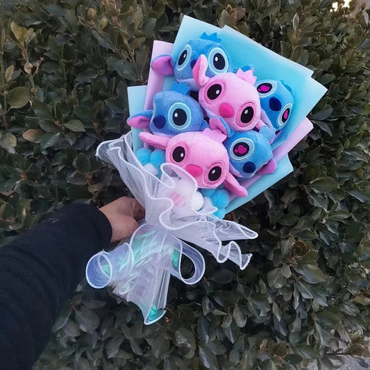 Bouquet peluche Angel rose & Stitch bleu amoureux