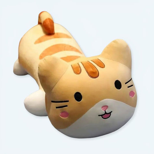 Peluche chat - Oreiller marron doux câlin pour chambre cosy.