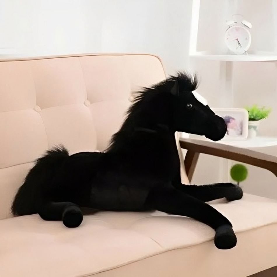 Peluche cheval noir câlin pour enfant, pelage velours élégant
