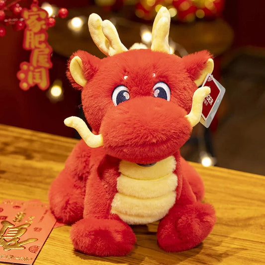 Peluche Dragon Chinois Rouge à Cornes