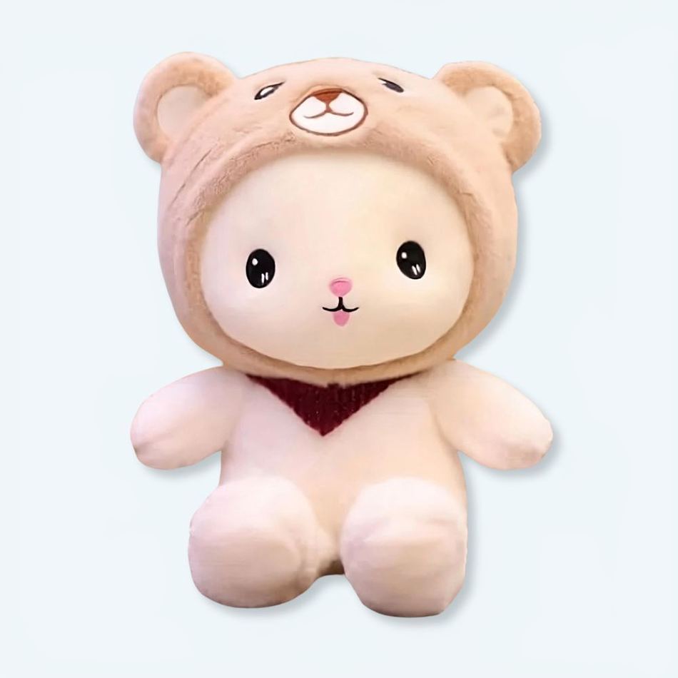 Peluche lapin doux, bonnet ours : un câlin chaleureux pour enfant