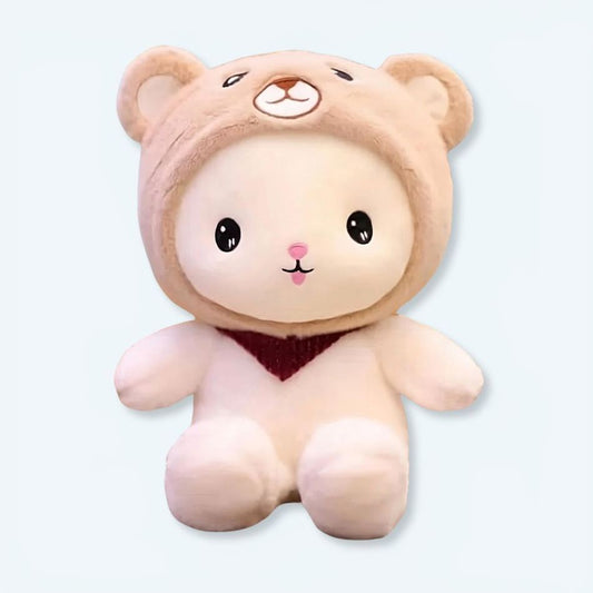 Peluche lapin doux, bonnet ours : un câlin chaleureux pour enfant