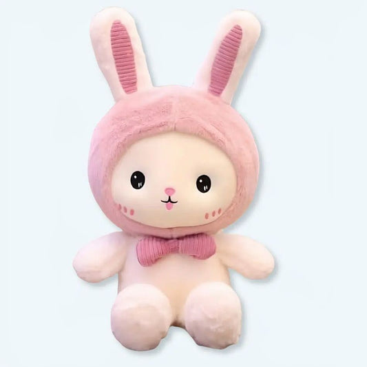 Peluche lapin doux avec bonnet rose pour enfant câlin en hiver