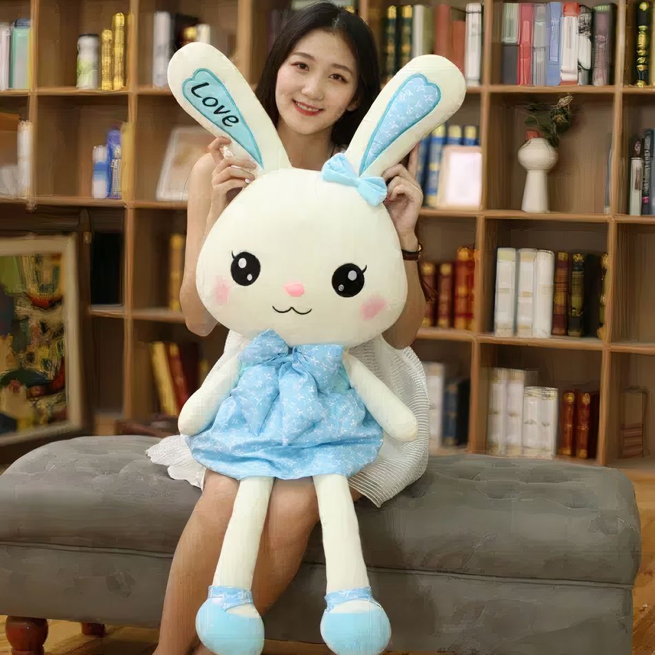 Peluche lapin géant en robe bleue douce - Pour des câlins tout doux!