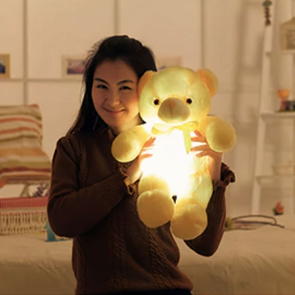 Oreiller peluche ours lumineux jaune doux pour la nuit