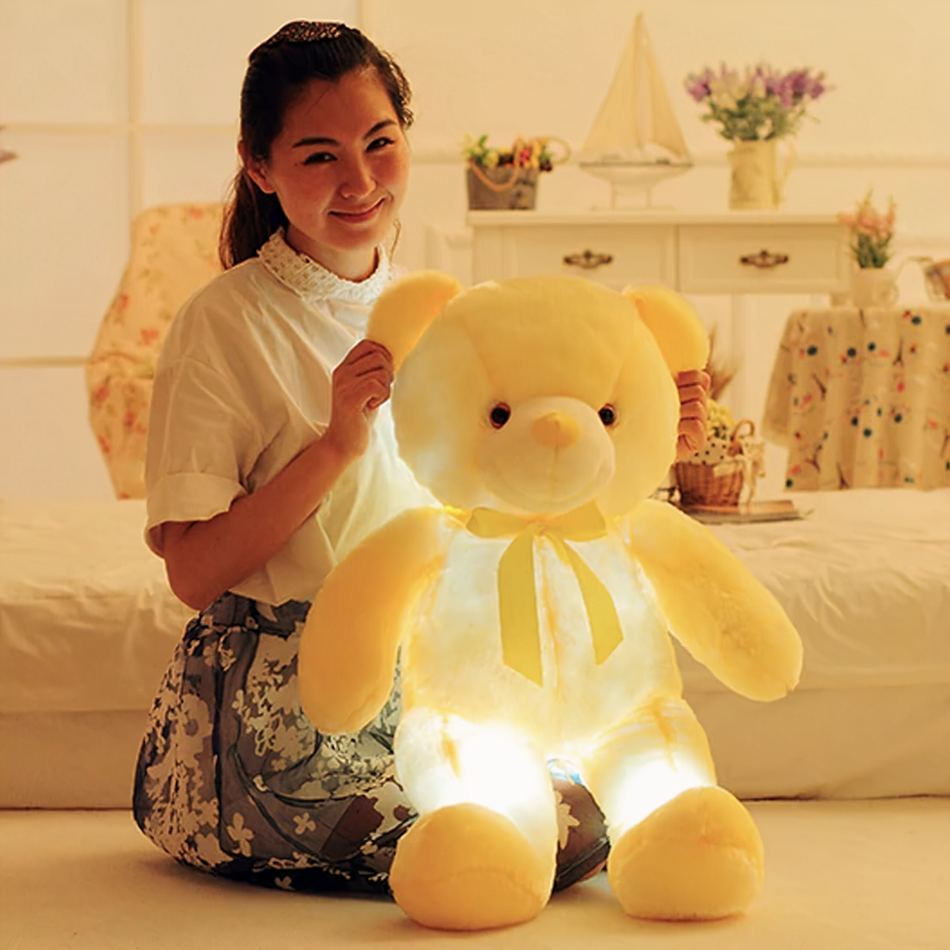 Oreiller peluche ours lumineux jaune doux pour la nuit