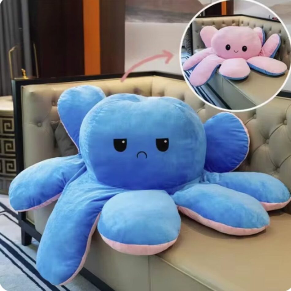 Peluche pieuvre géante réversible, humeur joyeuse/triste