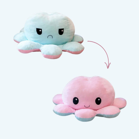 Peluche pieuvre géante réversible, humeur joyeuse/triste