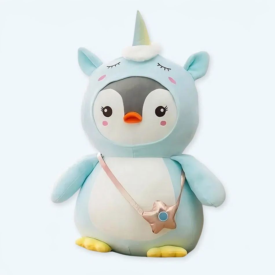 Peluche Pingouin Magique Déguisement Licorne Bleu Pastel