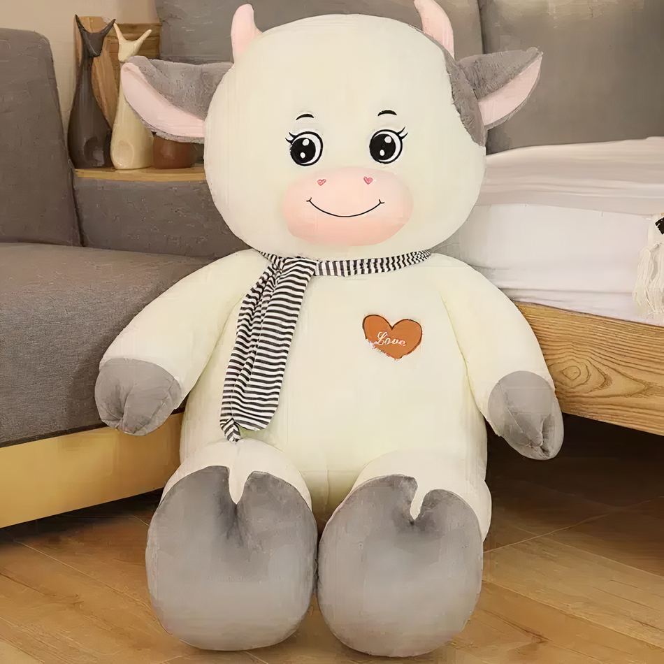 Peluche vache géante cotonneuse blanche et grise pour câliner