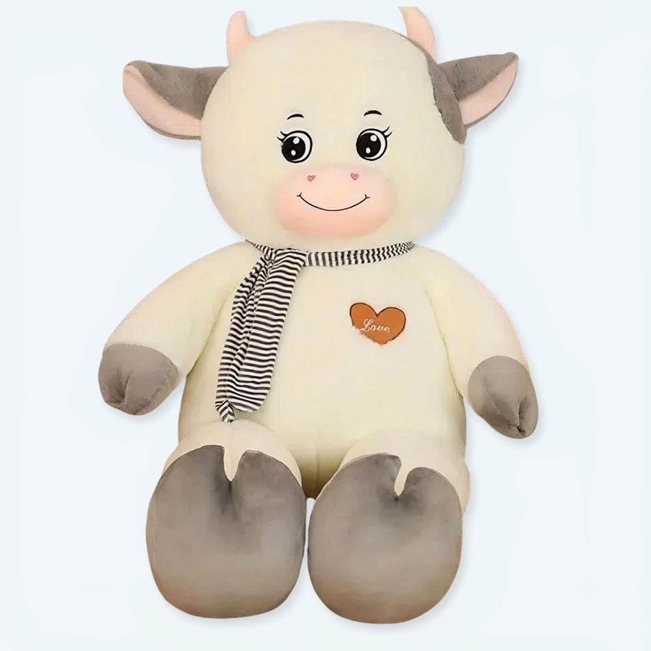 Peluche vache géante cotonneuse blanche et grise pour câliner